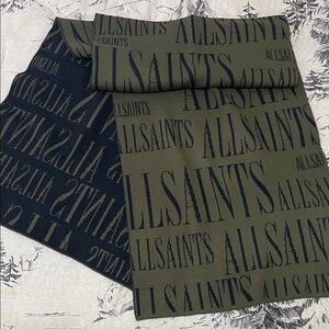 ALL SAINTS LOGO JACQUARD SCARF IN OLIVE GREEN/CINDER BLACK